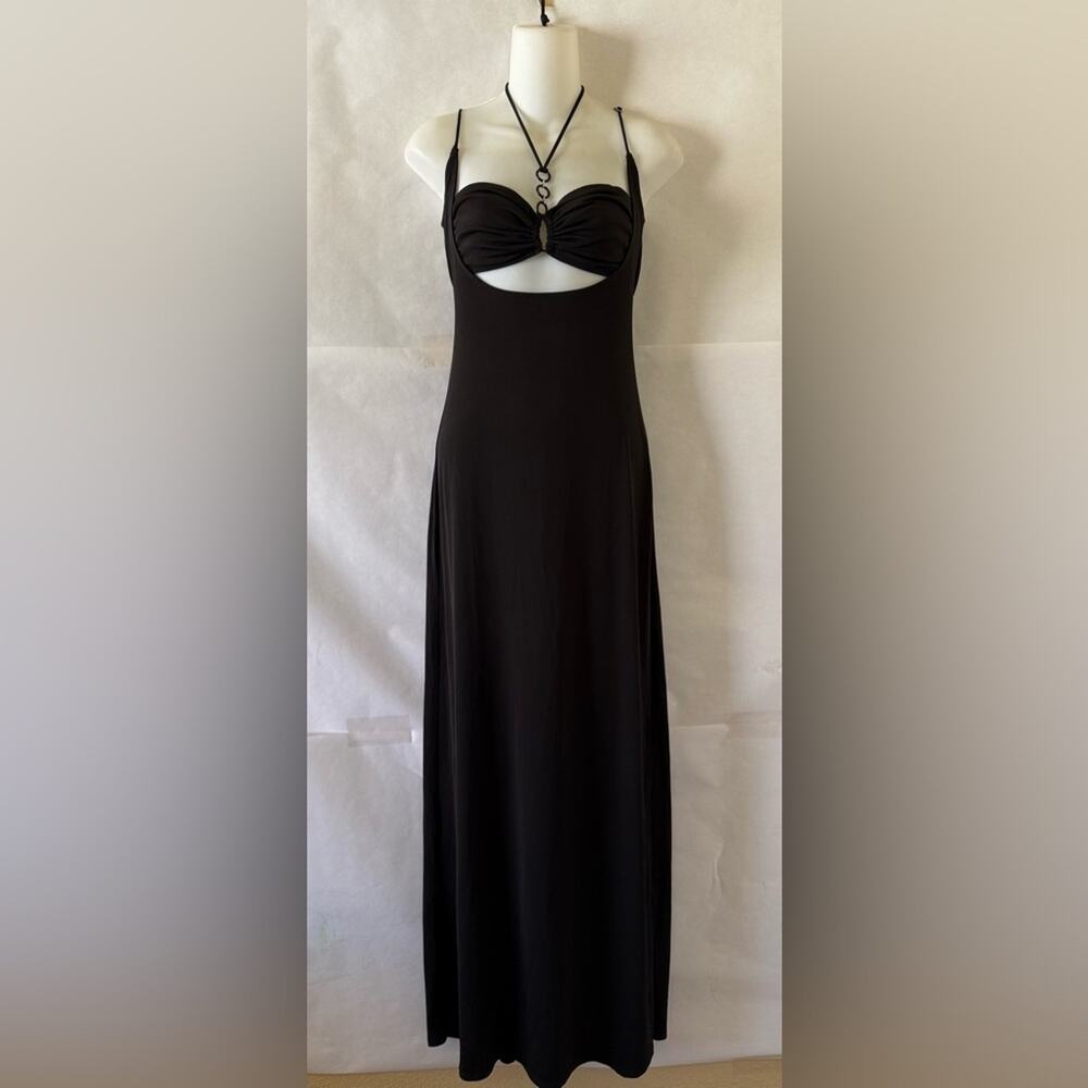 Black Bodycon Maxi Dress Size S High Slit Halter Ring Edgy Cyber Goth Alt Punk